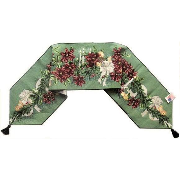 Poinsettia Christmas Table Runner Woven Tapestry Candles Bow Garland NWT 13x72" - Picture 2 of 10